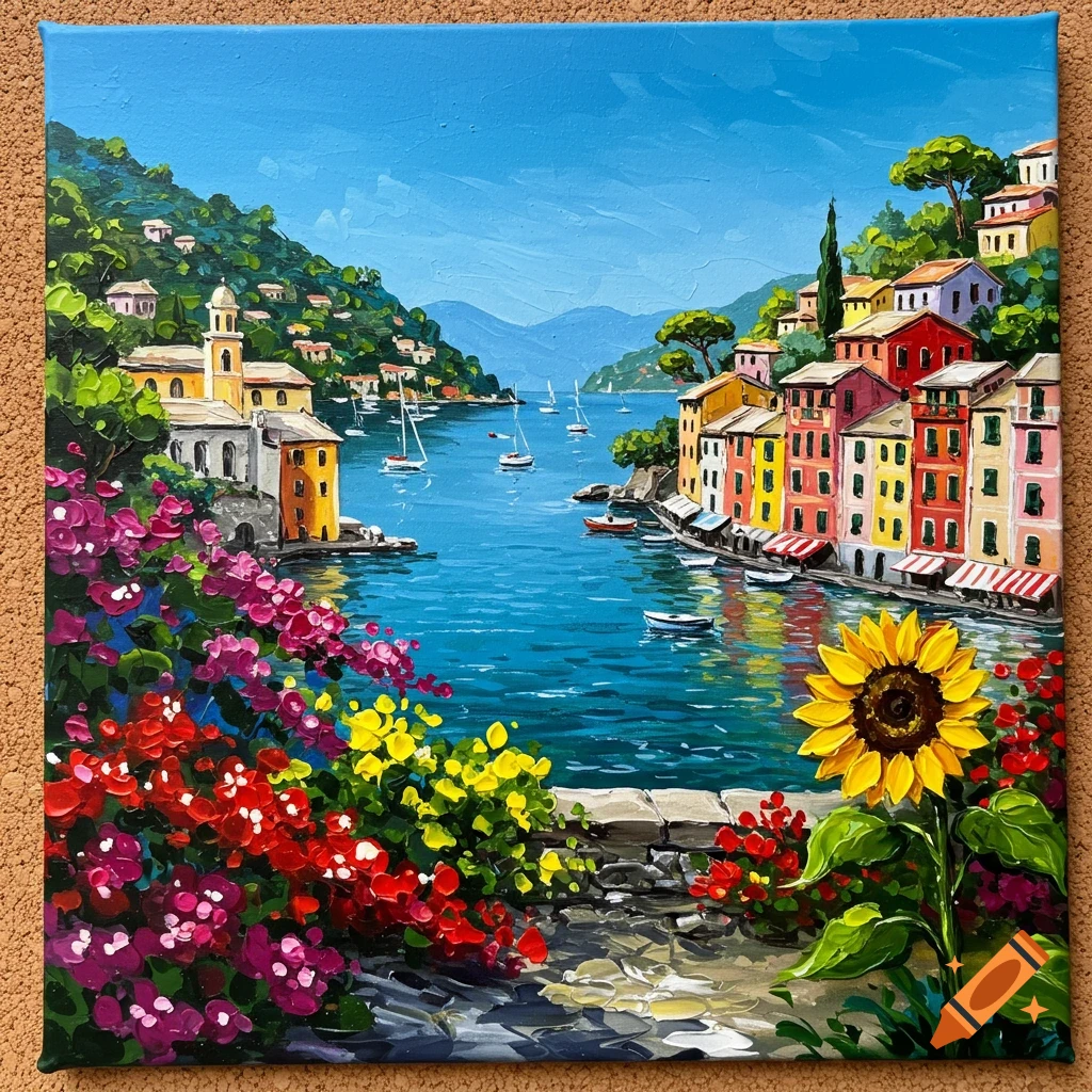 Vibrant impasto painting of a colorful coastal town with houses, boats in blue water, mountains, and lush flowers.