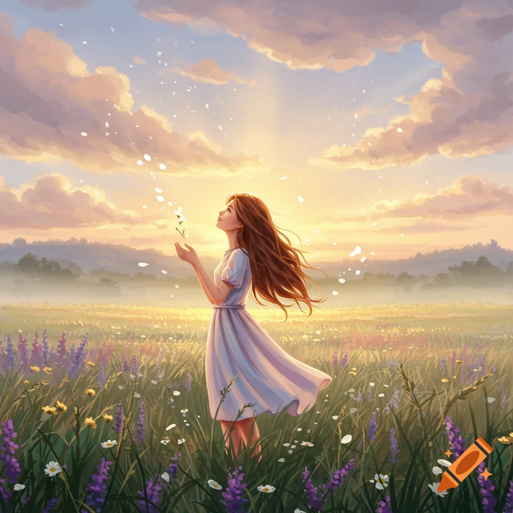 Illustrative art of a girl in a field of wildflowers, holding a white flower and looking up at a radiant sunset sky.