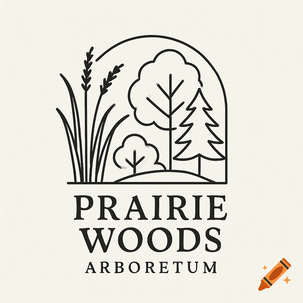 Minimalist black line art logo for 'PRAIRIE WOODS ARBORETUM' with grass and trees in an arch.