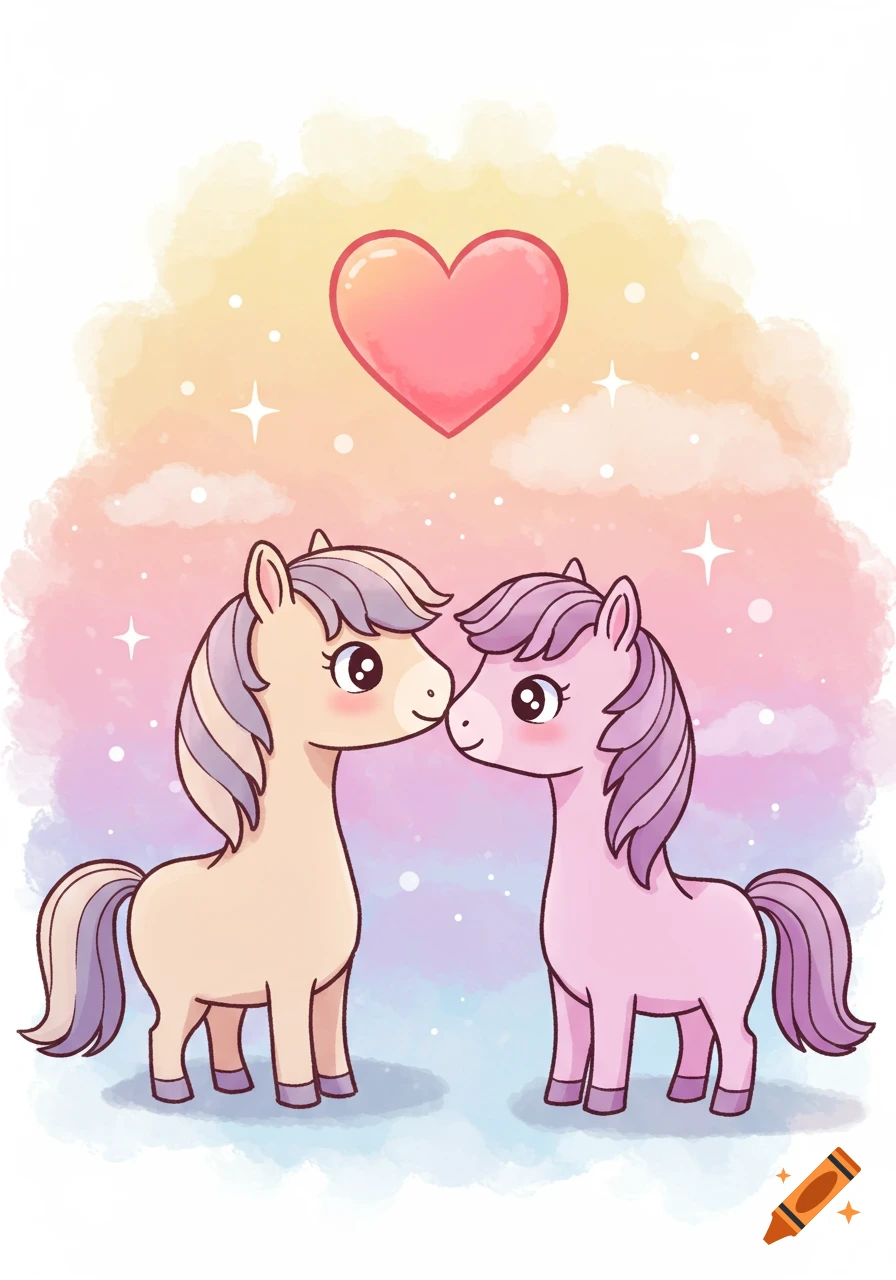 Two cute cartoon horses, one beige and one pink, nuzzle under a floating heart against a pastel watercolor background.