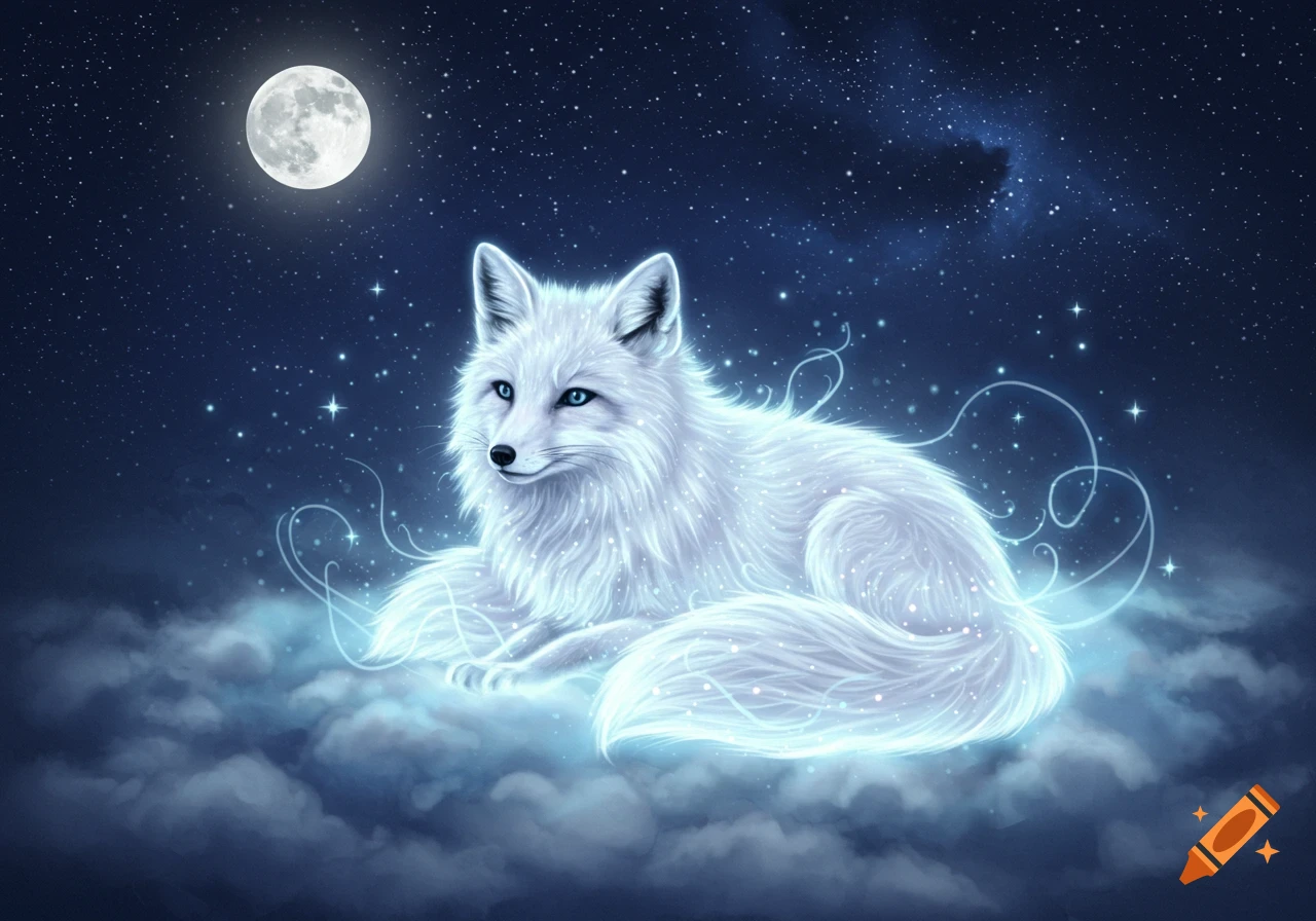 A mystical white fox with blue eyes lies on glowing clouds under a full moon and starry night sky.