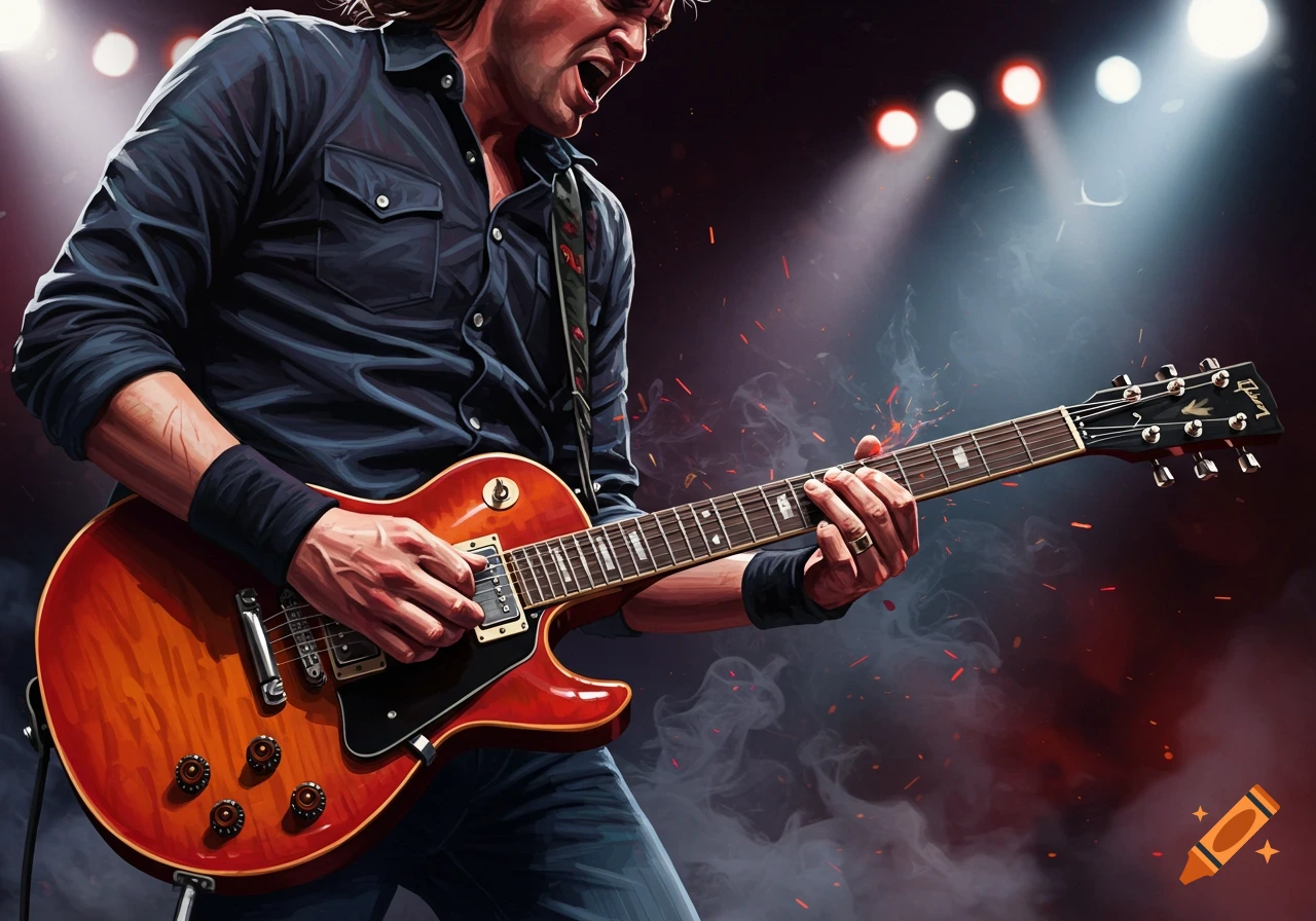 A male guitarist with long hair passionately plays an electric guitar on a dark stage with spotlights and smoke, in a stylized illustration.