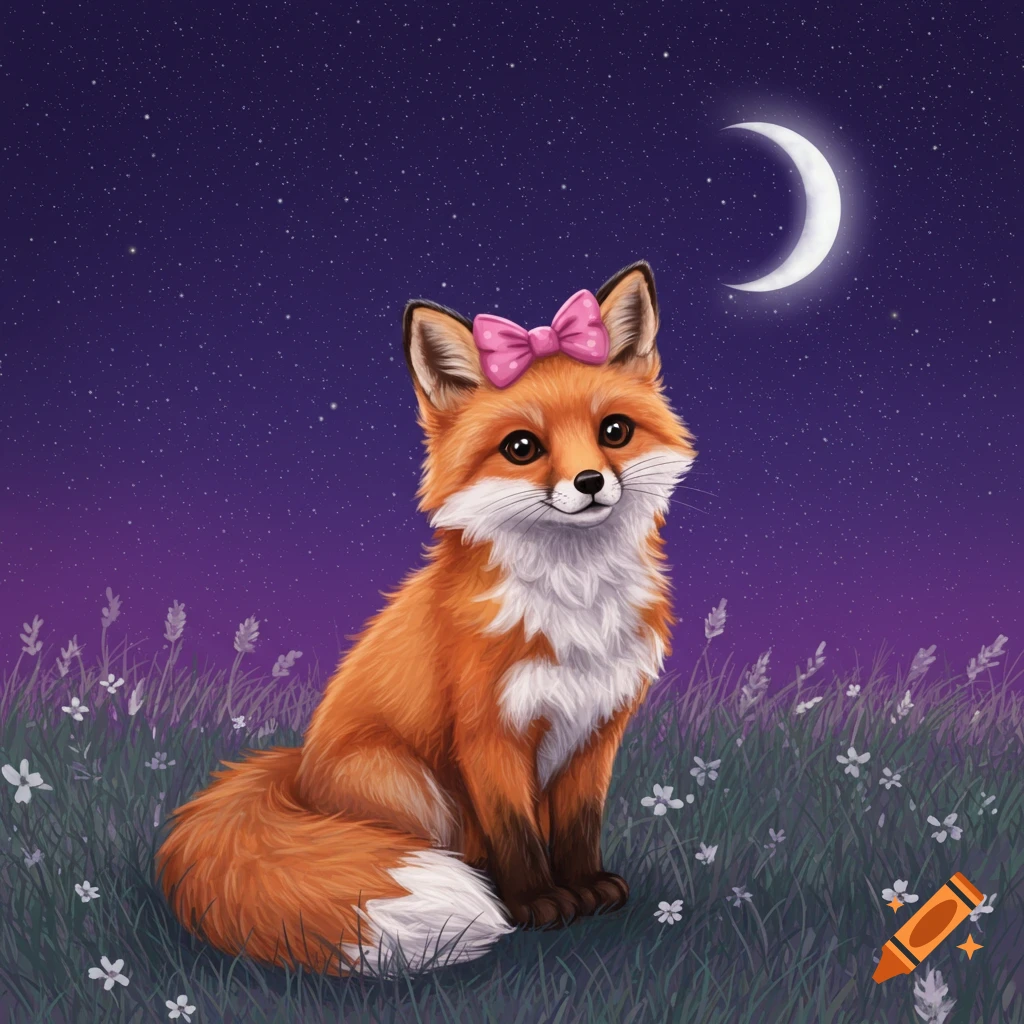 A cute fox with a pink bow sits in a grassy field under a purple starry night sky with a crescent moon.