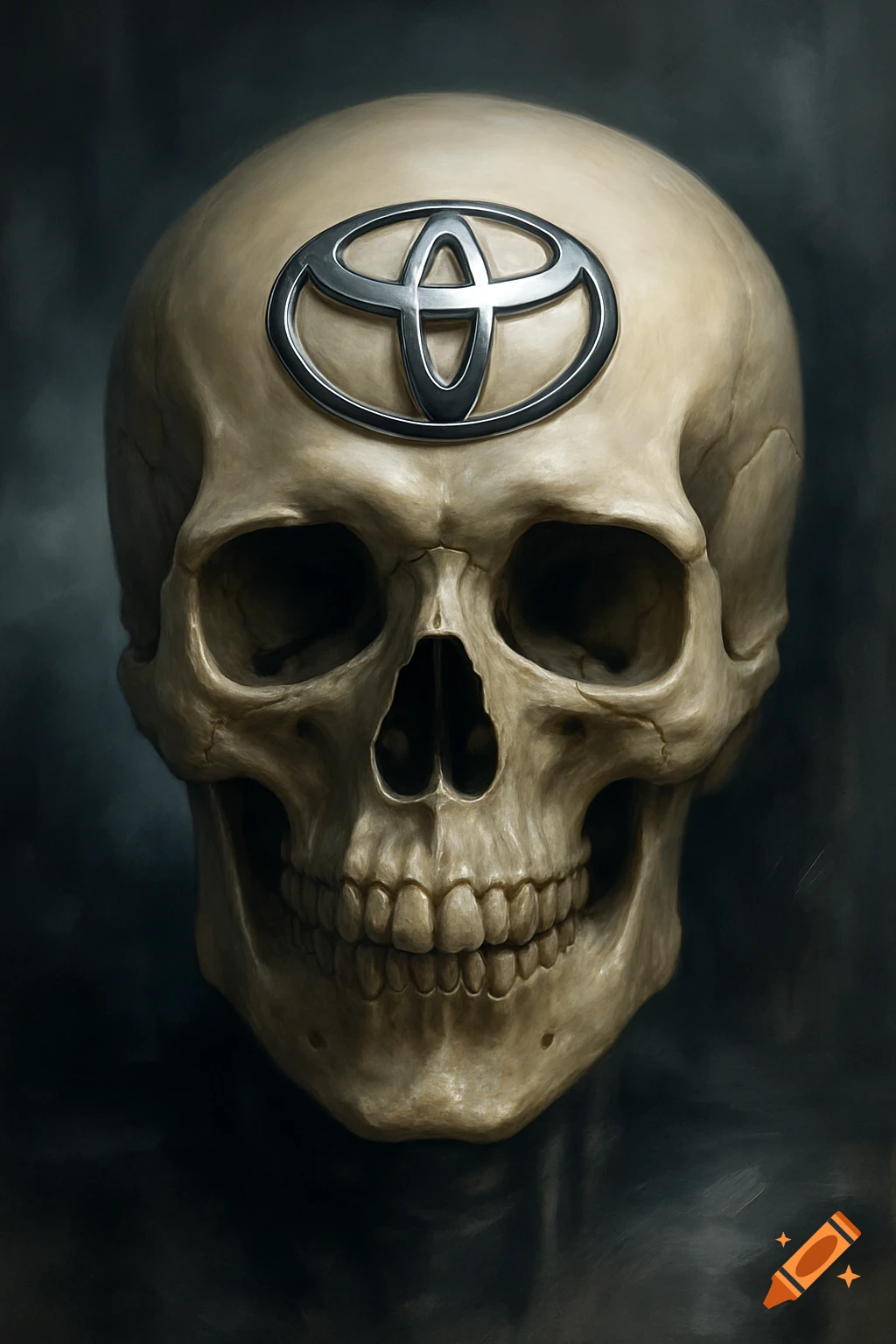 Photorealistic depiction of a human skull with a metallic Toyota emblem on its forehead, against a dark, moody background.