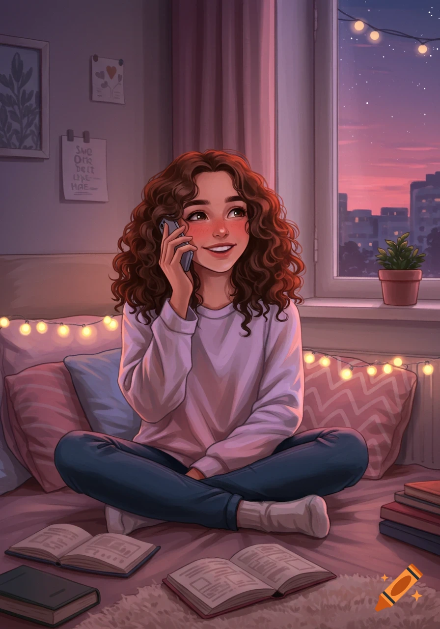 Smiling young woman with curly hair sits cross-legged on a bed in a cozy room, talking on a phone, with a sunset view.