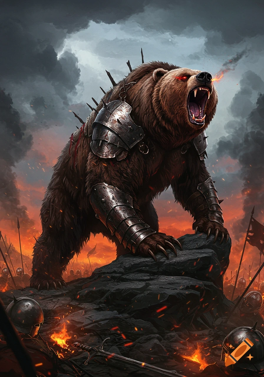 A ferocious armored bear with glowing red eyes roars on a fiery fantasy battlefield under a stormy sky.