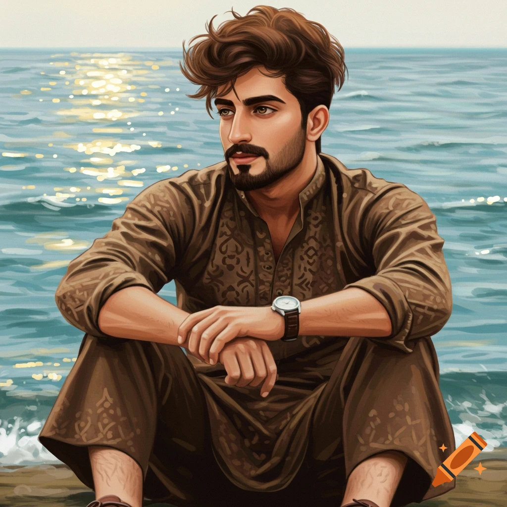 Digital painting of a man with brown hair and beard, wearing a brown patterned outfit and watch, sitting by the glittering sea.