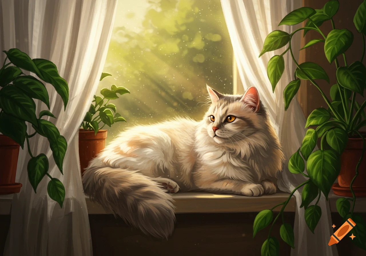 A fluffy cat with orange eyes lies on a sunlit windowsill next to potted plants, in a digital painting.