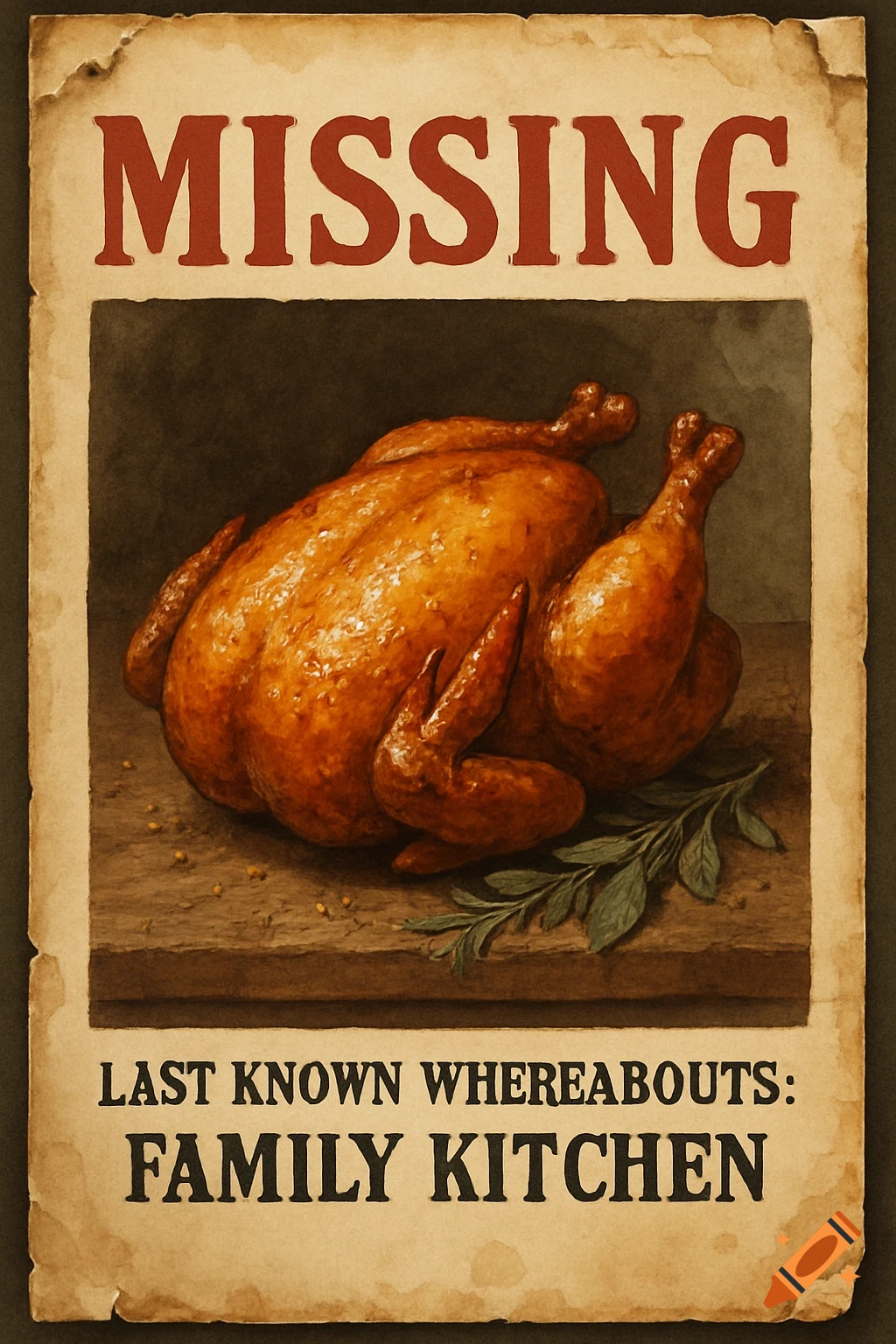 Vintage 'MISSING' poster for a roasted chicken, with text 'LAST KNOWN WHEREABOUTS: FAMILY KITCHEN'.