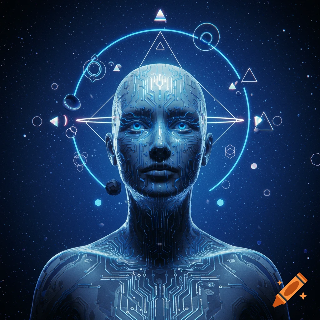 Futuristic digital avatar with circuit patterns, glowing blue eyes, and geometric shapes in a starry blue space.