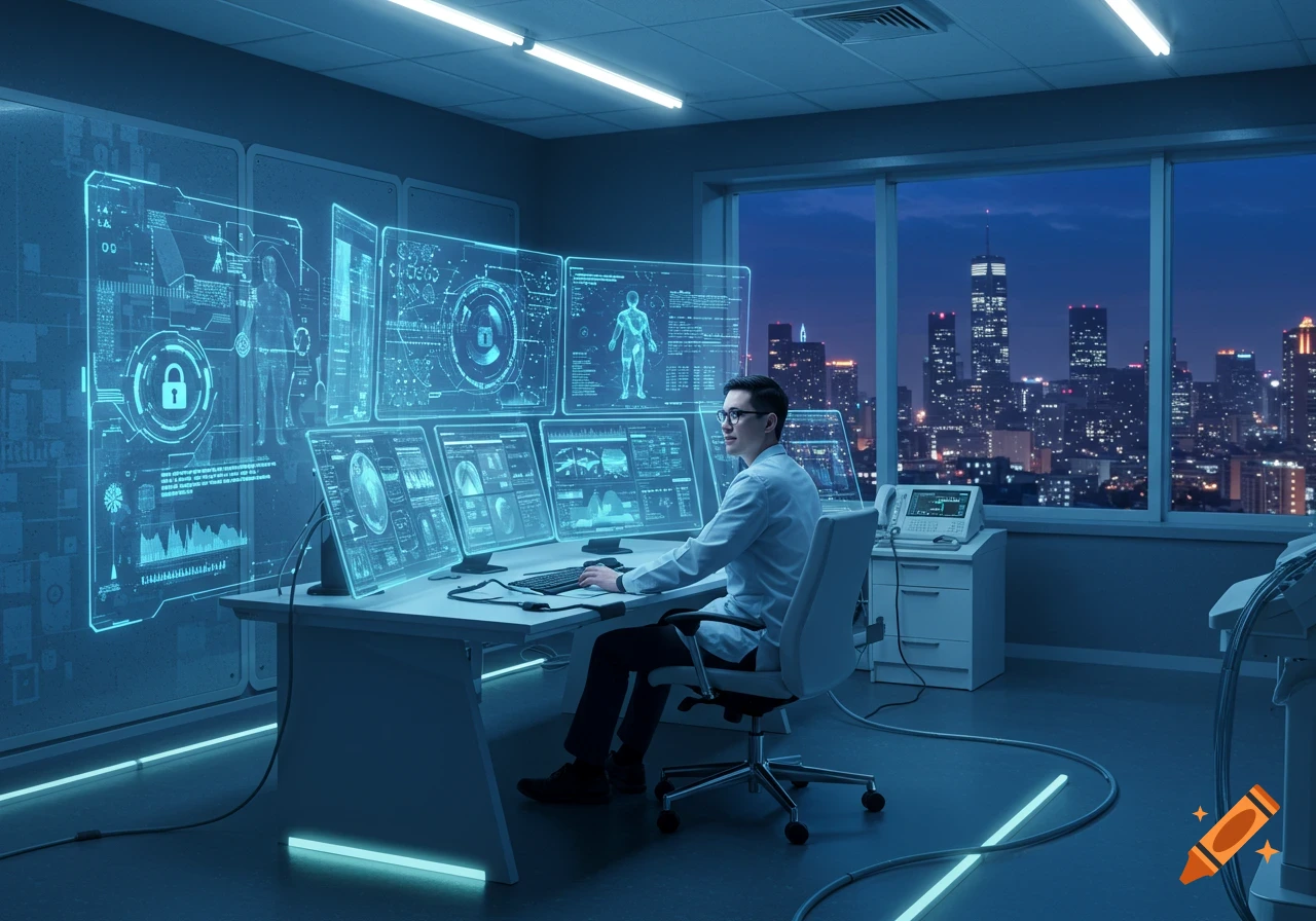 A man in a lab coat works at a futuristic desk with holographic displays showing data and medical charts, overlooking a city skyline at night.