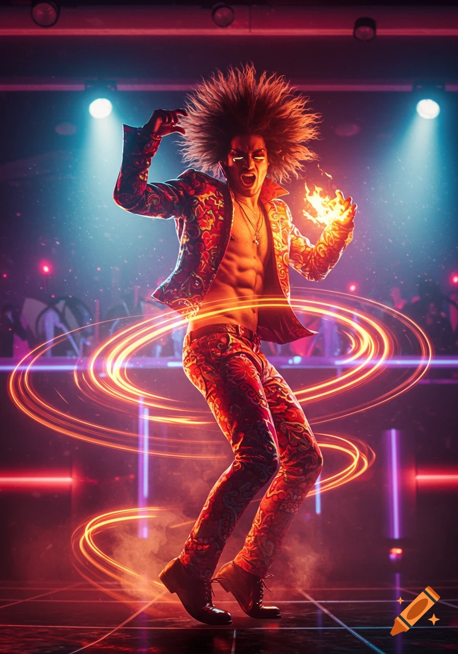 A man with wild hair dances energetically on a stage, holding fire and surrounded by glowing light trails and spotlights.