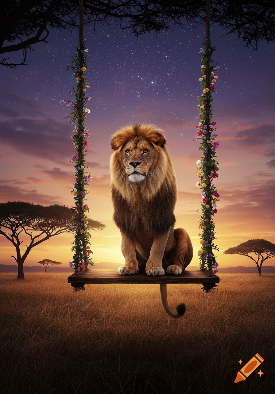 A majestic lion sits calmly on a swing adorned with flowers, overlooking a savanna at sunset with a starry sky.
