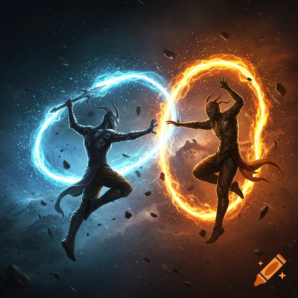 Two stylized figures, one with a glowing blue energy ring and sword, the other with an orange energy ring, float and battle in a cosmic setting.