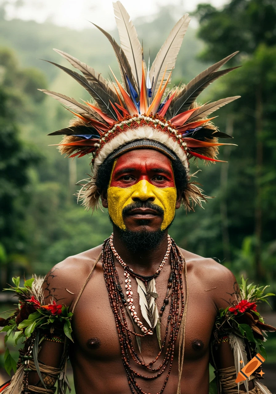 Photorealistic portrait of a Huli Wigman with red and yellow face paint, a feathered headdress, and beaded necklaces, in a jungle.