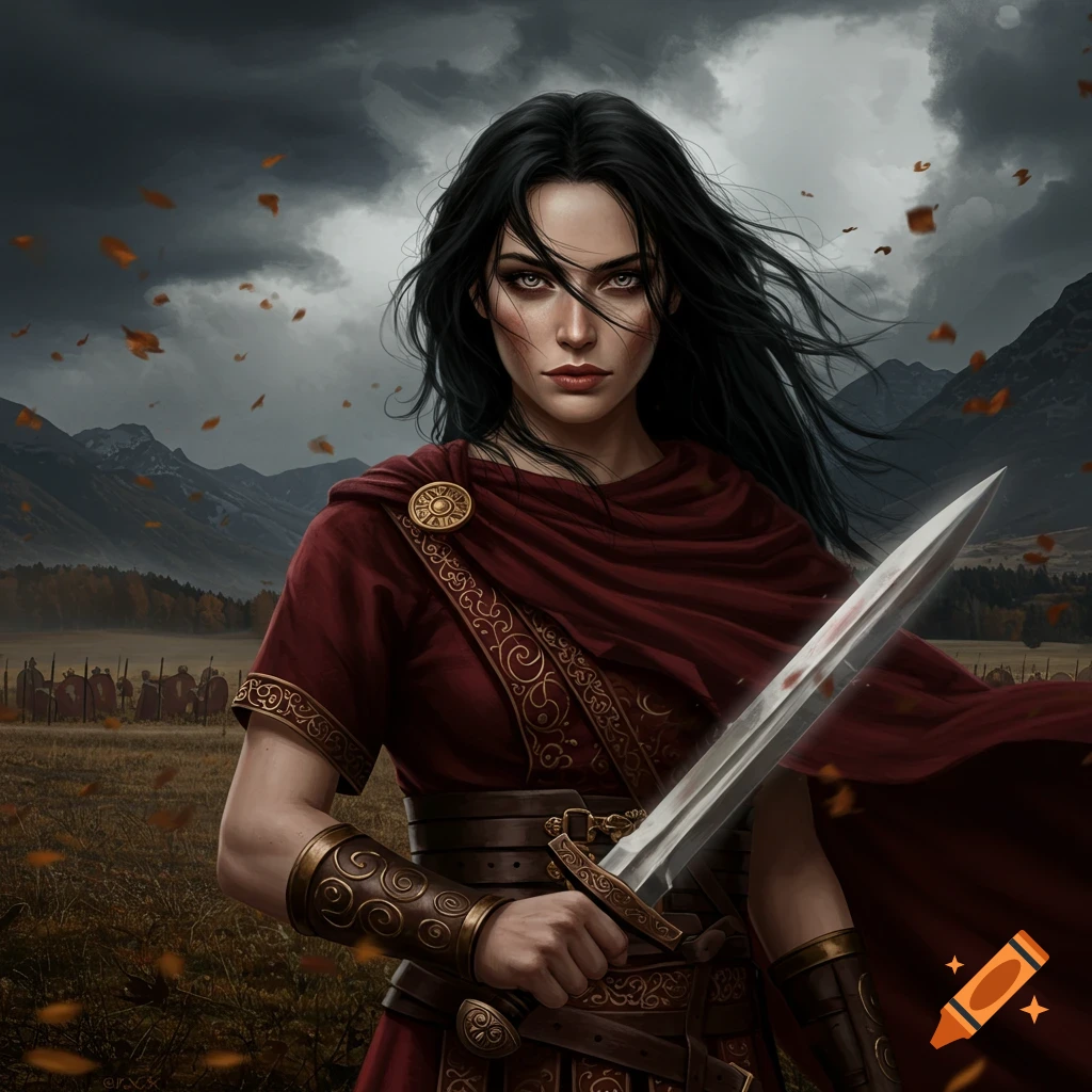 Fierce female warrior with dark hair and red cloak holds a bloodied sword on a battlefield under a stormy sky.