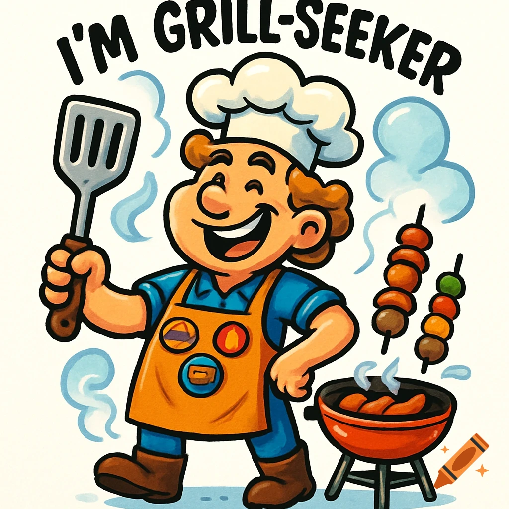 A cartoon man in a chef's hat and apron smiles while holding a spatula, next to a grill with sausages and kebabs. Text above reads "I'M GRILL-SEEKER".