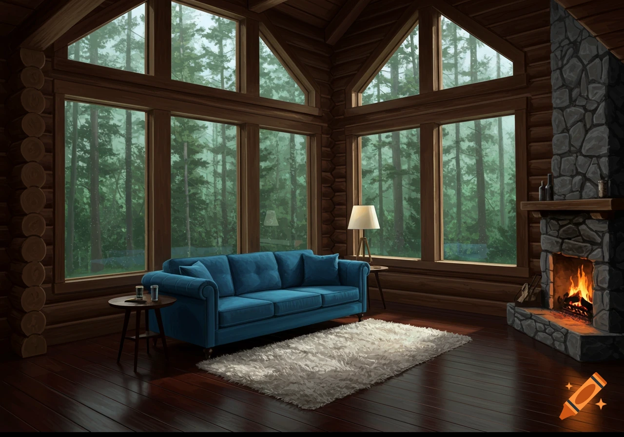 Photorealistic interior of a cozy log cabin living room with a blue sofa, white rug, stone fireplace, and large windows revealing a lush forest.