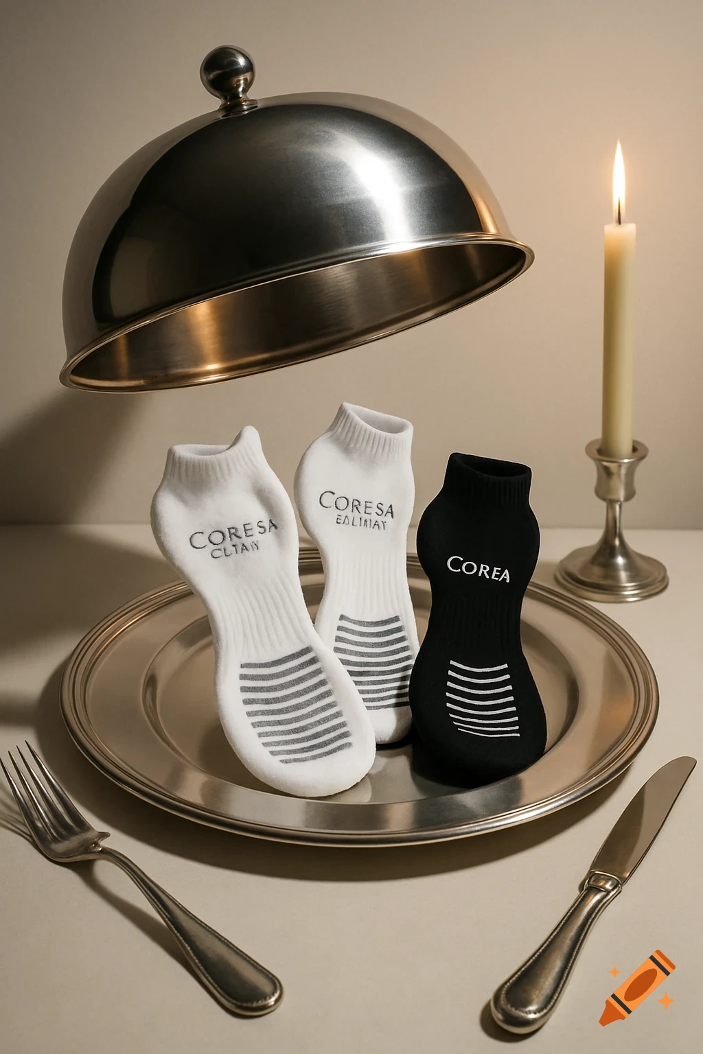 Luxury still life of two white and one black sock on a silver platter with a lifted cloche lid, cutlery, and a lit candle.