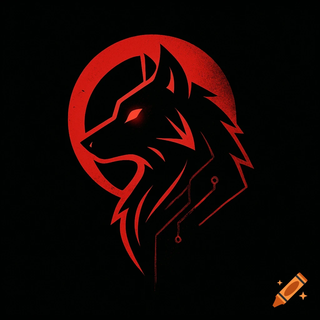 Minimalist red and black wolf logo with glowing red eyes and circuit-like details against a dark background.