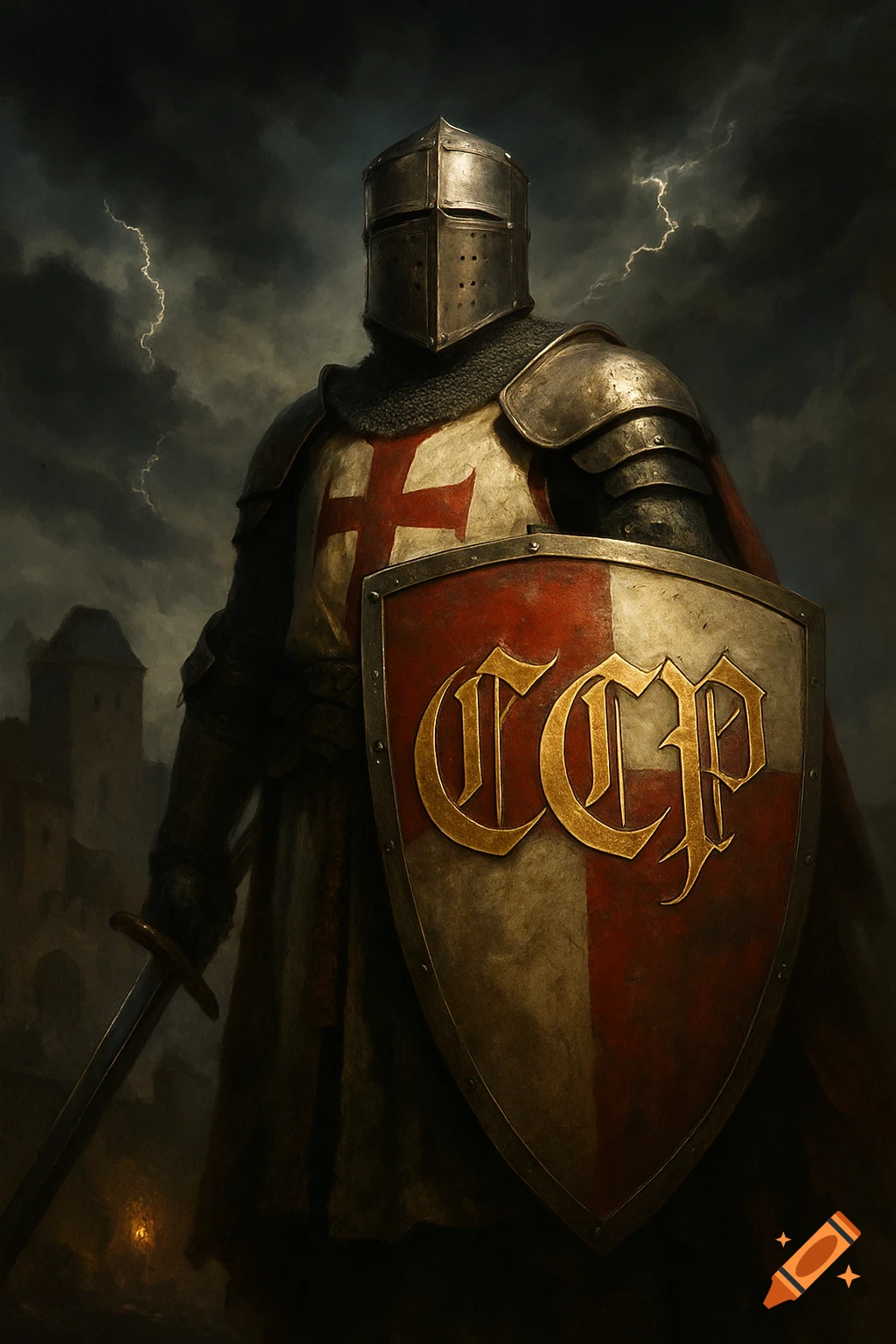 A Templar knight in full armor holds a shield with 'CCP' on it, standing before a stormy sky with lightning and a distant castle. Dark fantasy style.