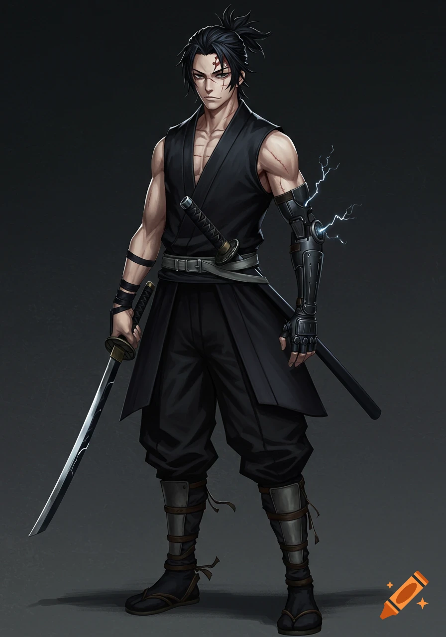A dark-haired anime-style male demon slayer with a cold expression, scars, a bionic arm with lightning, and a katana, dressed in black tactical attire.