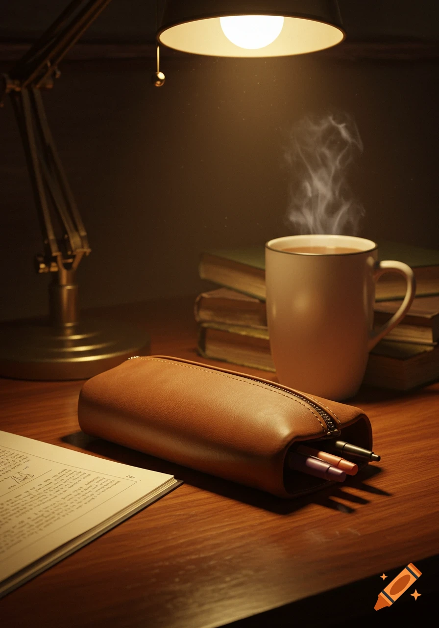 A warm, dim light from a desk lamp illuminates a desk with a steaming mug, stacked books, and a brown leather pencil case filled with pens, next to an open book with illegible text.