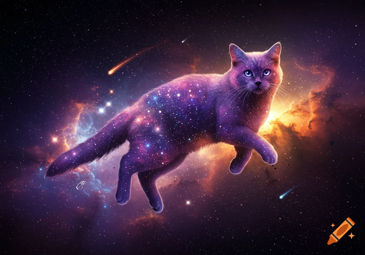A majestic purple galaxy cat with bright blue eyes floats in deep space among nebulas and stars, with a shooting star.