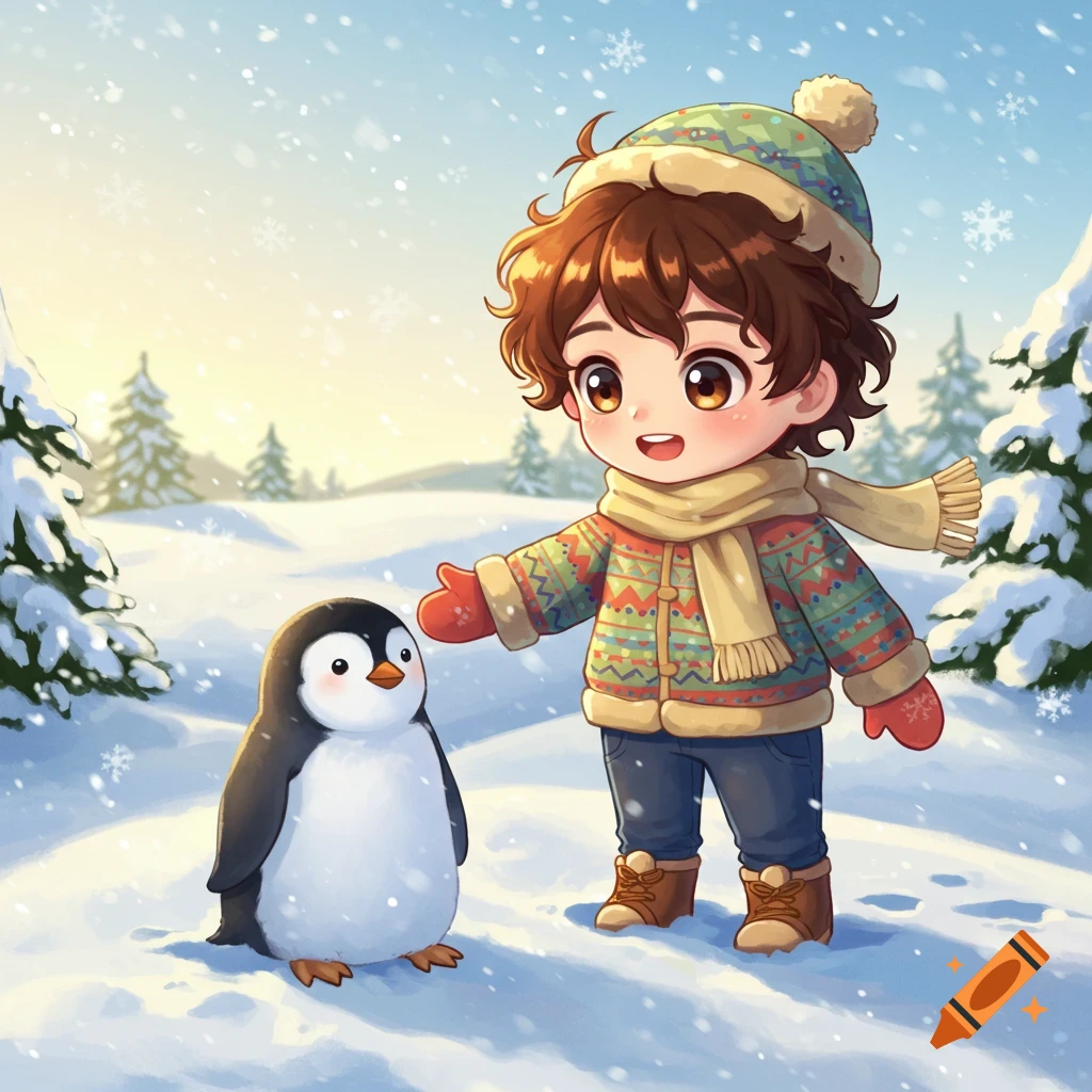 A cute anime boy in winter clothes reaching out to a fluffy penguin in a snowy forest.
