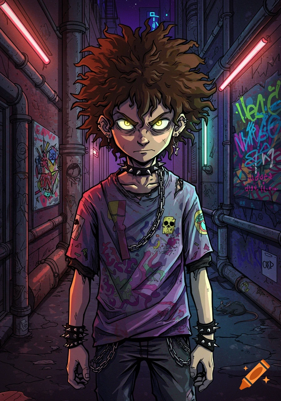 Anime punk boy with glowing yellow eyes in a dark, graffiti-filled urban alley, wearing ripped clothes, chains, and spikes.