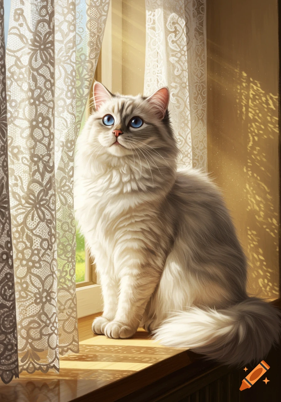 A fluffy white cat with bright blue eyes sits on a sunny windowsill next to lace curtains, looking up.