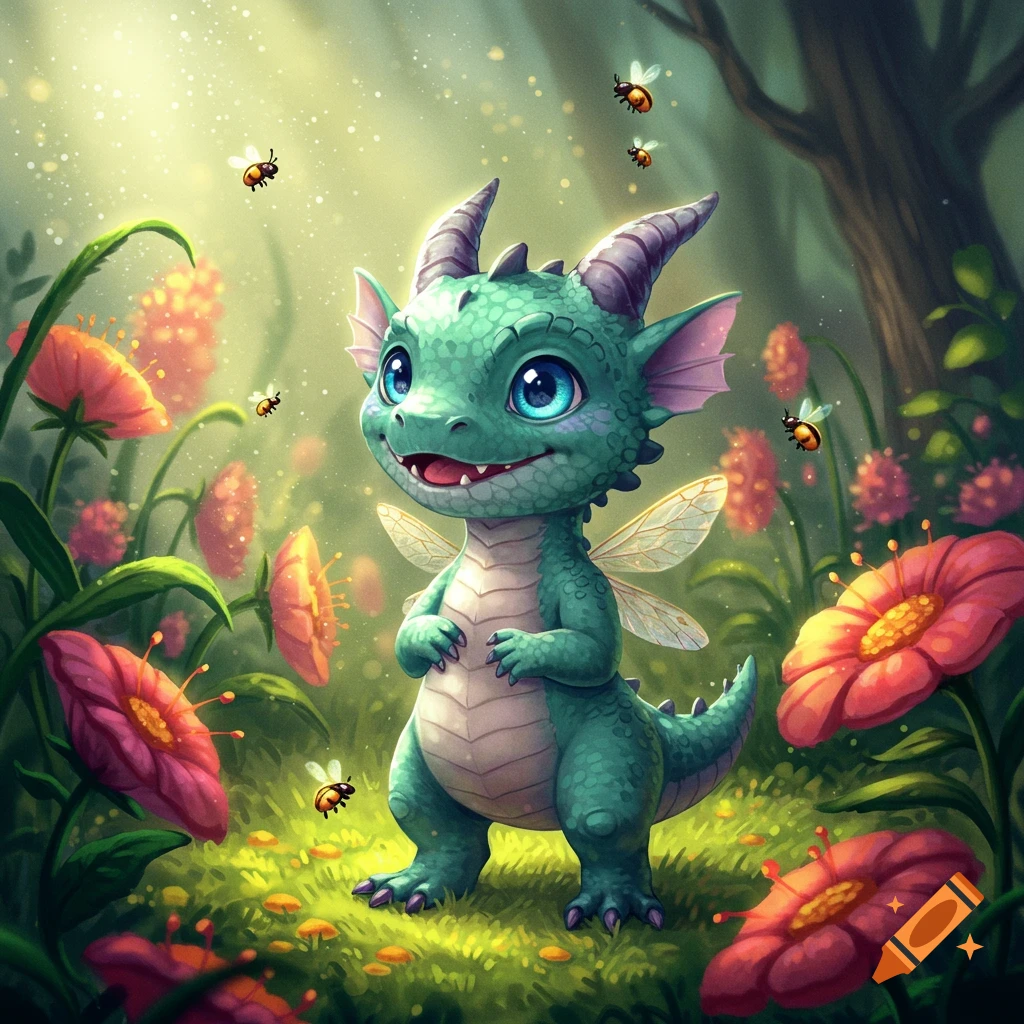 A cute, teal baby dragon with fairy wings smiles in a magical forest clearing with pink flowers and ladybugs.