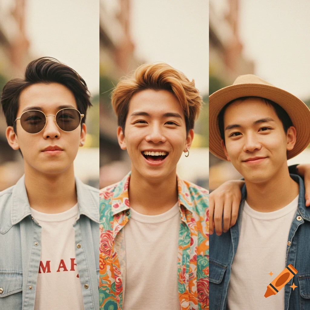 A triple portrait of three young men; one with sunglasses, one smiling broadly, and one smiling gently, looking like friends.