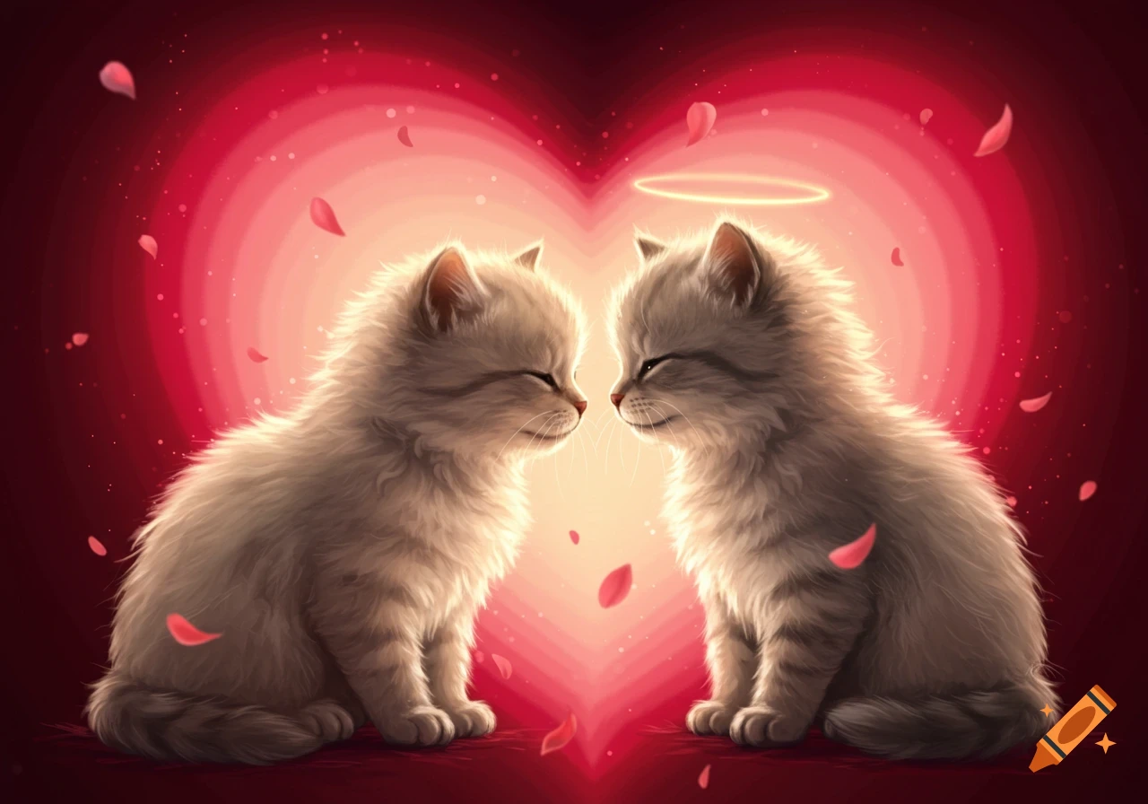 Two fluffy kittens, one with a halo, sit nose-to-nose in front of a glowing red heart, surrounded by pink rose petals.