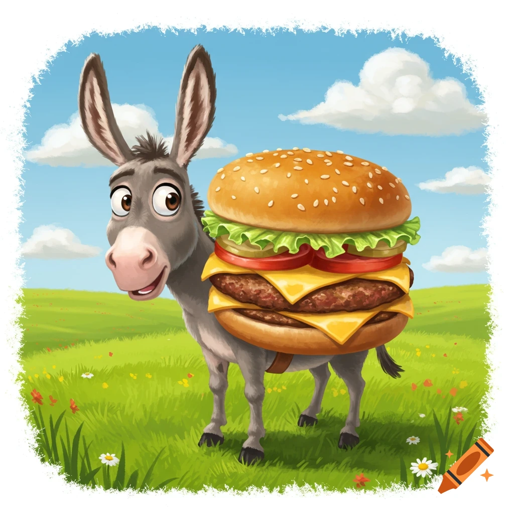 A happy cartoon donkey carries a large, realistic cheeseburger on its back in a grassy field under a blue sky.