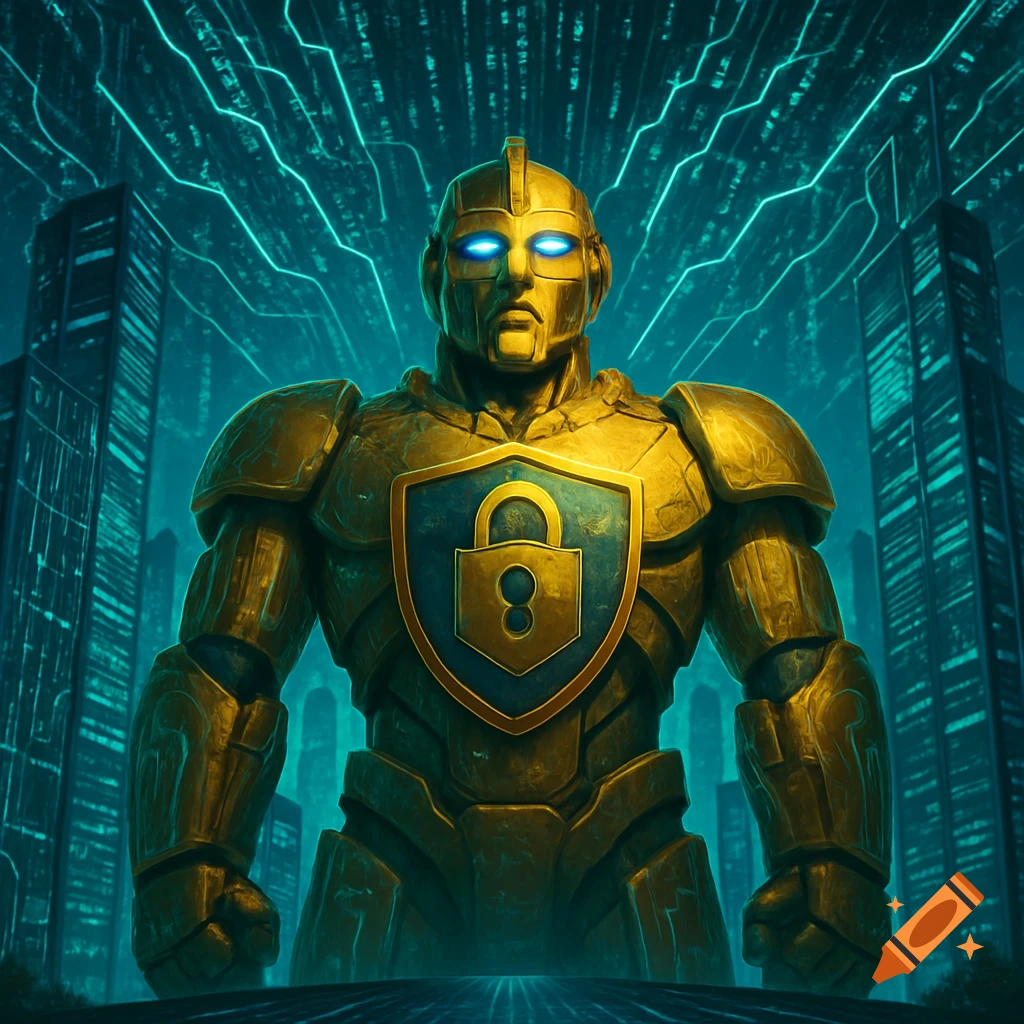 A golden, armored robot with glowing blue eyes and a padlock shield stands in a futuristic city with glowing data streams.