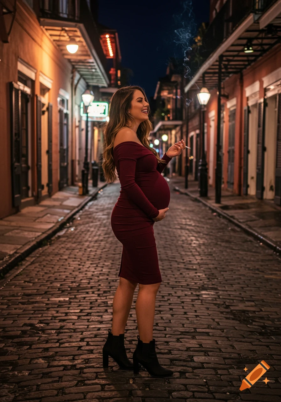 Smiling pregnant woman in a burgundy dress and boots walks on a cobblestone street at night, holding a cigarette. Lit buildings in background.