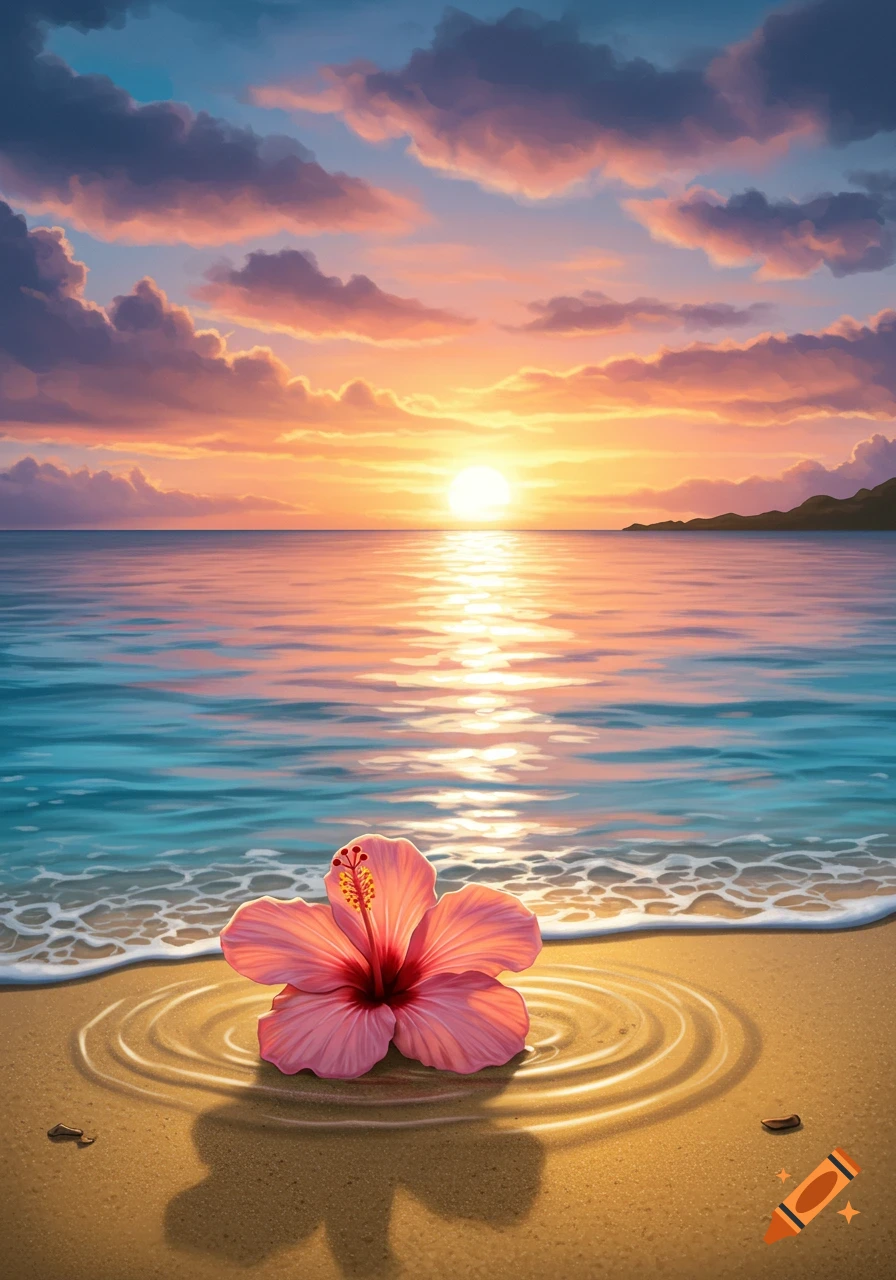 Vibrant illustration of a pink hibiscus flower on a sandy beach with gentle waves and a colorful sunset reflecting on the ocean.