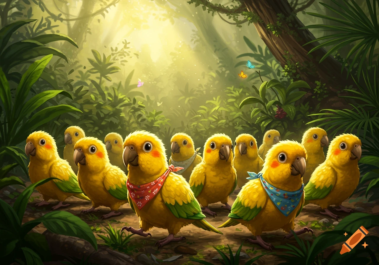 A group of cute yellow parrots with colorful bandanas standing on a jungle floor bathed in sunlight.