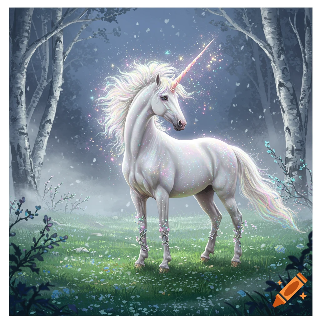 A majestic white unicorn with a sparkling mane and tail stands in a mystical, misty forest with glowing flowers.