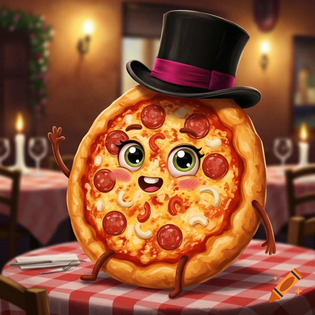 A cute, anthropomorphic cartoon pizza with eyes, mouth, arms, and legs, wearing a black top hat, sits at a checkered table in a restaurant.