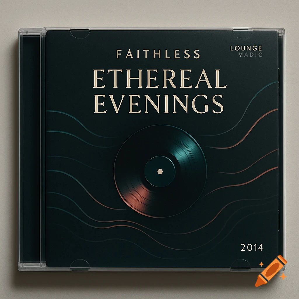 CD cover for Faithless's 'Ethereal Evenings' lounge music album. Dark teal background with abstract waves, a central vinyl record, and year 2014.