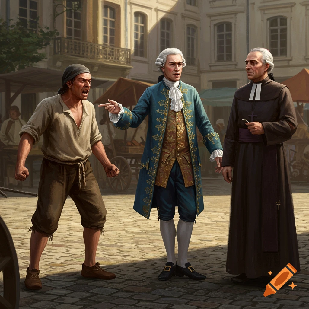 A French peasant yells at a noble pointing back at him, while a clergyman watches indifferently in a historical street scene.