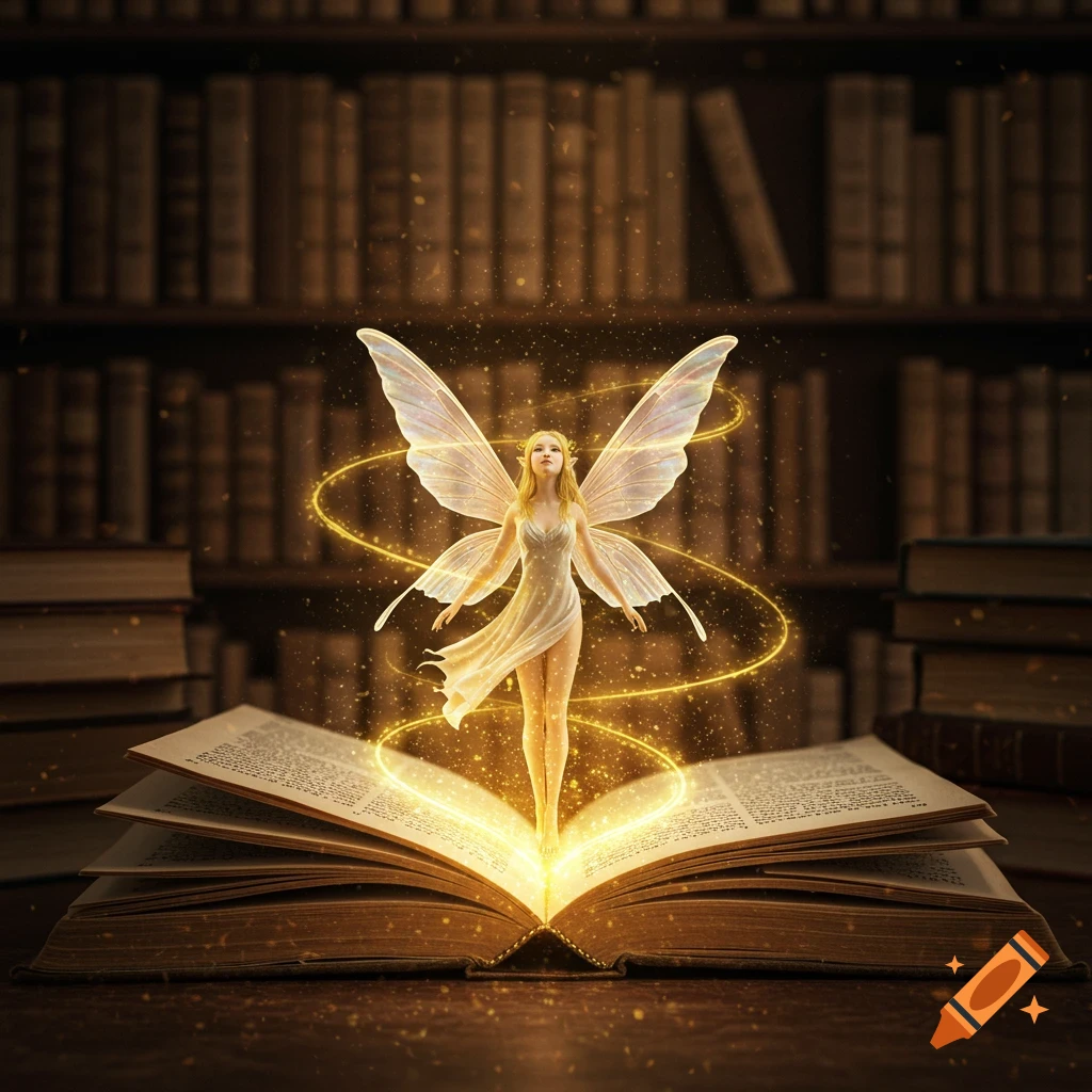 A luminous fairy with delicate wings rises from an open, glowing book on a table, with a blurred bookshelf background.