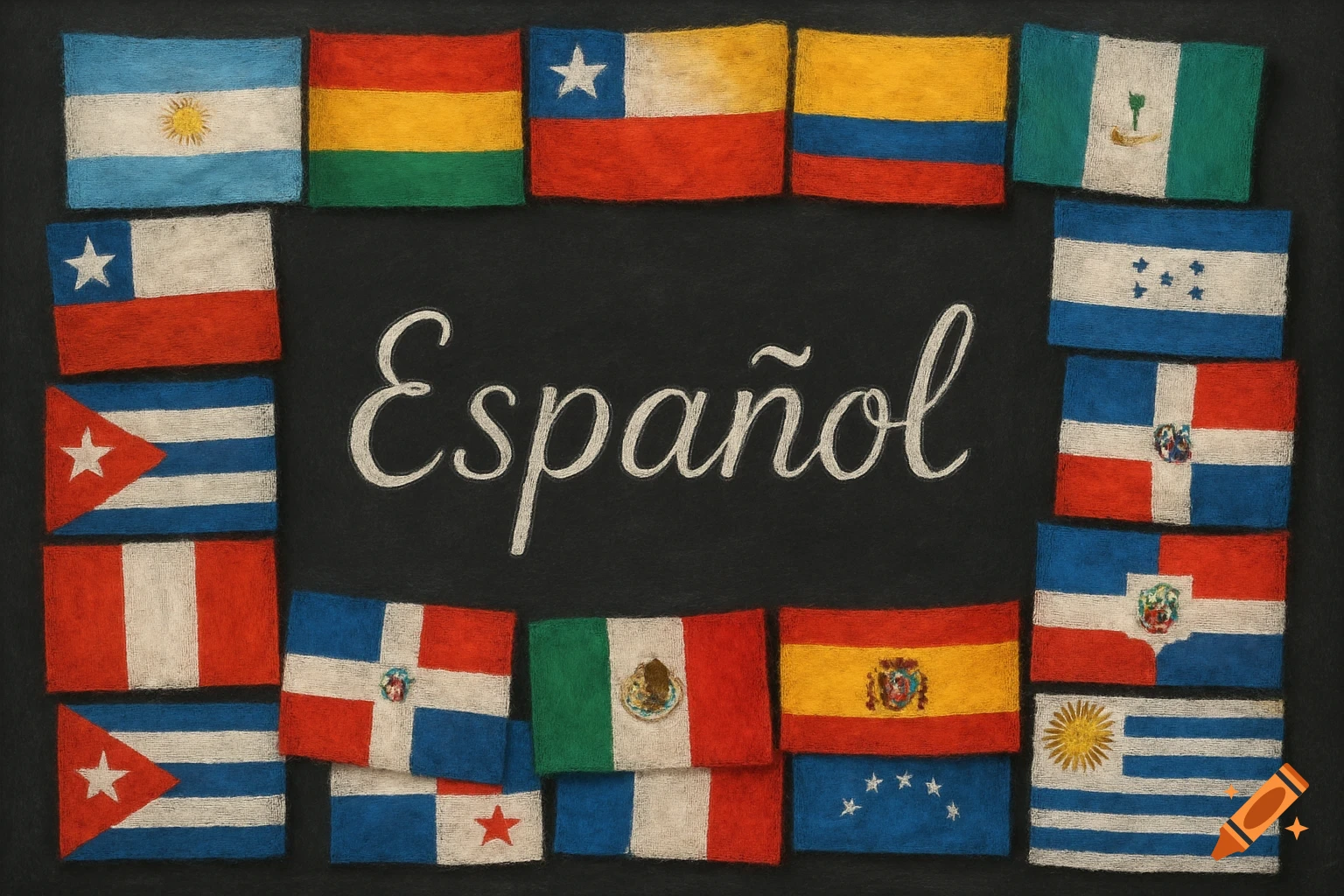 A blackboard with the word "Español" written in chalk, surrounded by a border of chalk-drawn flags of Spanish-speaking countries.