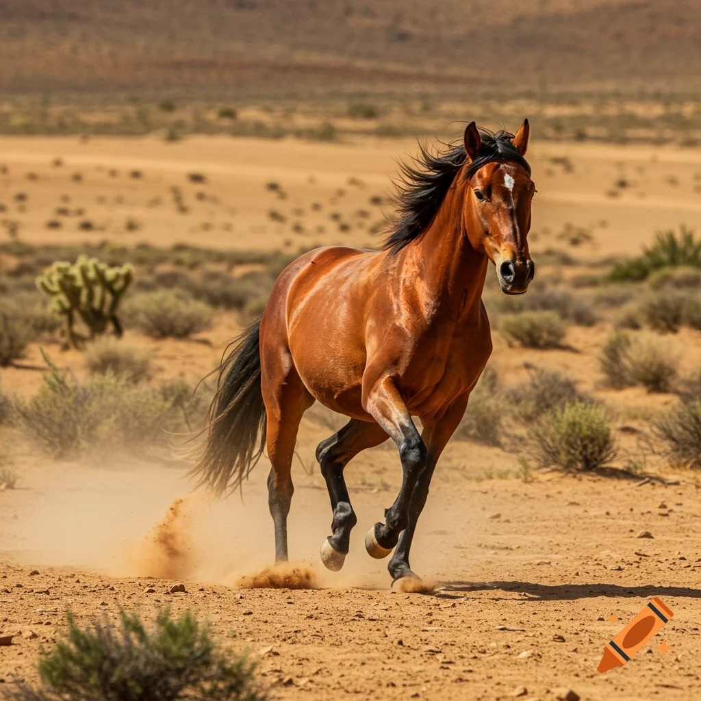A brown wild horse gallops through a dusty desert landscape.