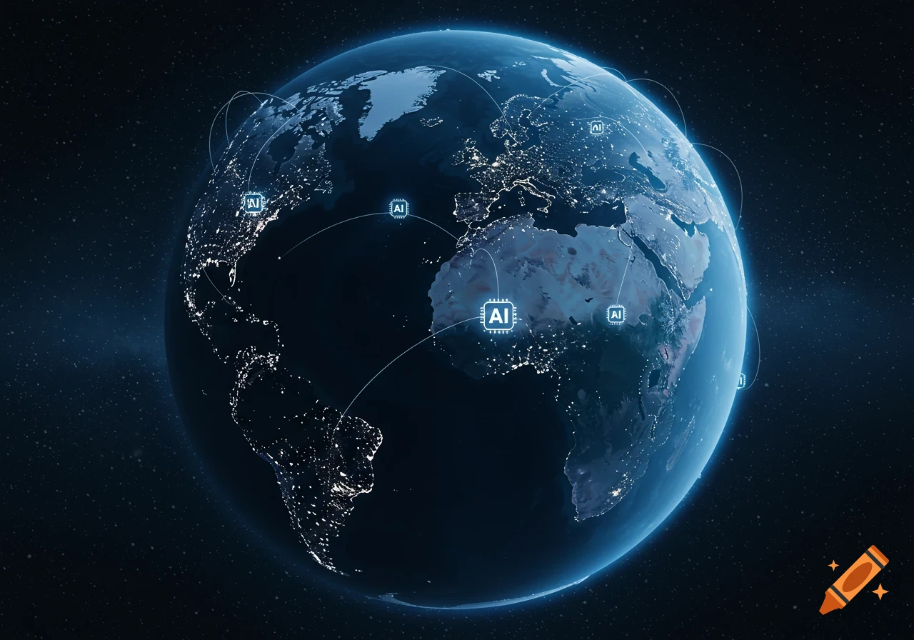 Photorealistic globe with glowing cities and blue AI icons connected by lines, representing a global artificial intelligence network in space.