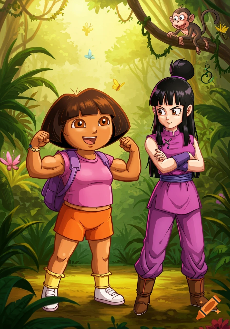Muscular Dora the Explorer flexes in a jungle, while an unimpressed Chi-Chi from Dragon Ball Z stands beside her.