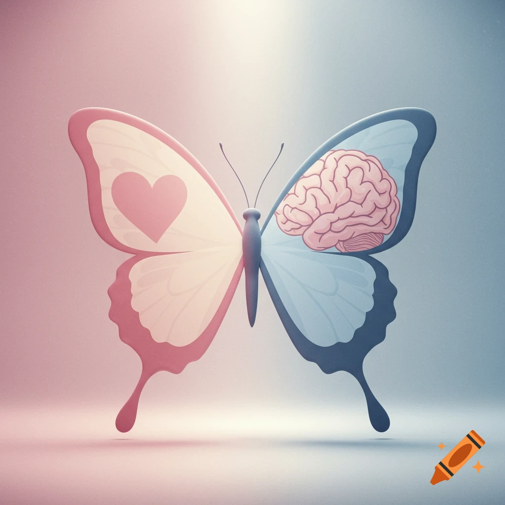 A stylized butterfly with one wing depicting a pink heart and the other a pink brain, against a soft gradient background.