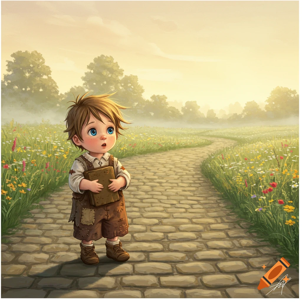 A wide-eyed cartoon boy in ragged clothes holds a book on a cobblestone path in a sunny, misty field with wildflowers.